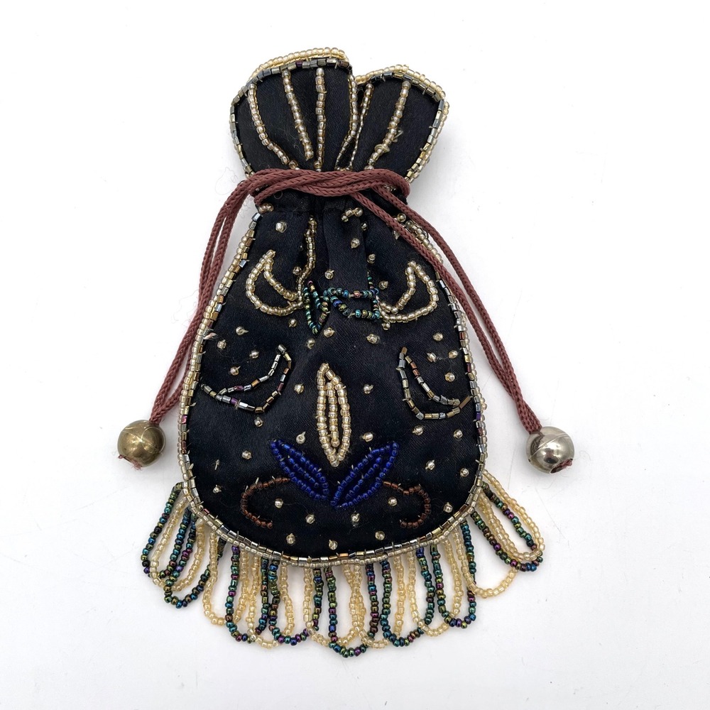 Vintage Handmade Pouch Bag 70s Black Satin Beaded Fringe Drawstring Bell Good